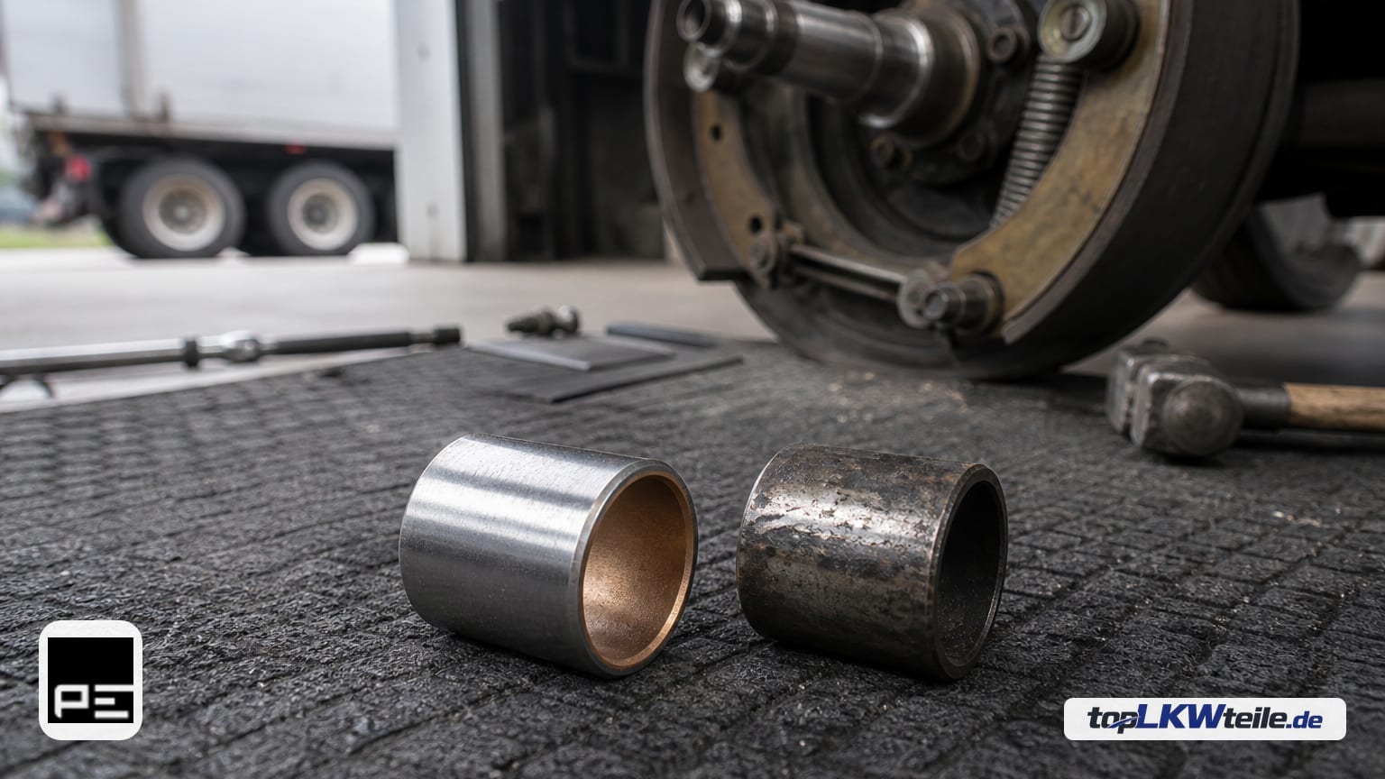 Neue und alte PE Automotive Buchse, Bremsbackenbolzen auf einer Werkstattmatte: zylindrische, silbern beschichtete Hülse mit leicht angefasten Kanten und bronzefarbener Innenlage.