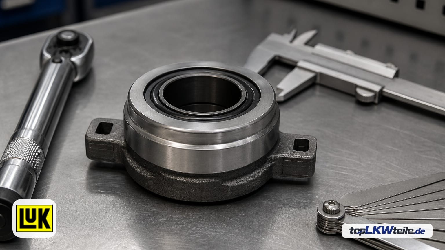 Schaeffler LuK Ausrücklager auf gebürsteter Stahl-Werkbank, mit präzisen Handwerkzeugen und kühler LED-Beleuchtung, Detailansicht der polierten Laufbahn.