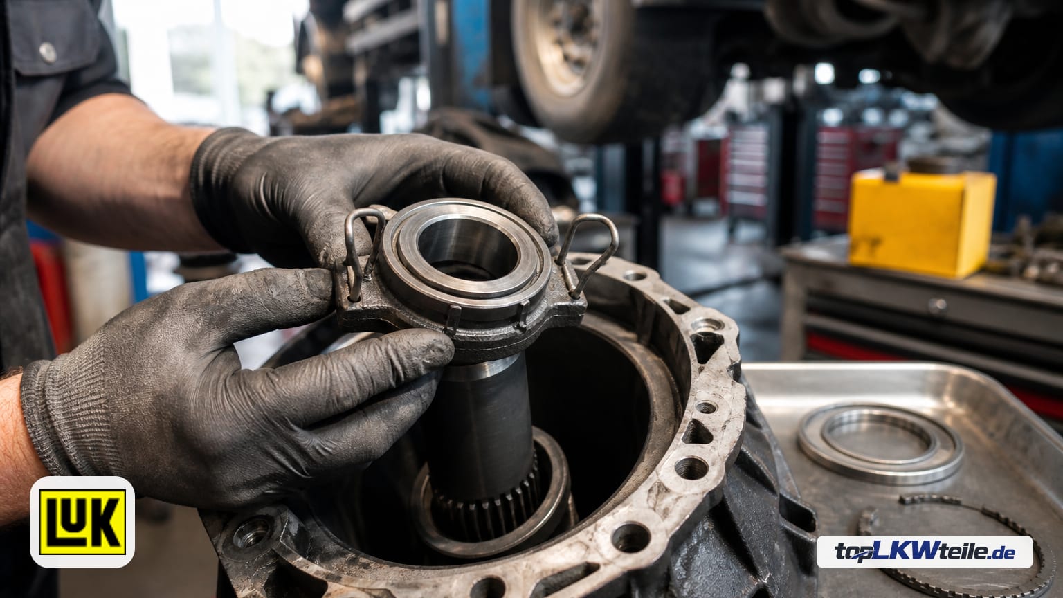 Mechaniker mit Handschuhen montiert ein Schaeffler LuK Ausrücklager an einer Lkw-Getriebeglocke; das dunkle Metallgehäuse mit poliertem Lagerring und Drahtbügel ist im Fokus.