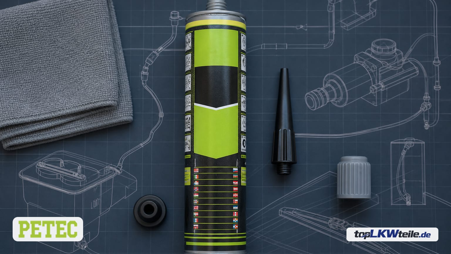Technisches Flat-Lay der PETEC Dichtung, Waschwasserpumpe/Waschwasserbehälter: Original-PETEC-Kartusche mit grauer Kappe, schwarzer Düsenspitze und grün-schwarzem Etikett auf blauem…