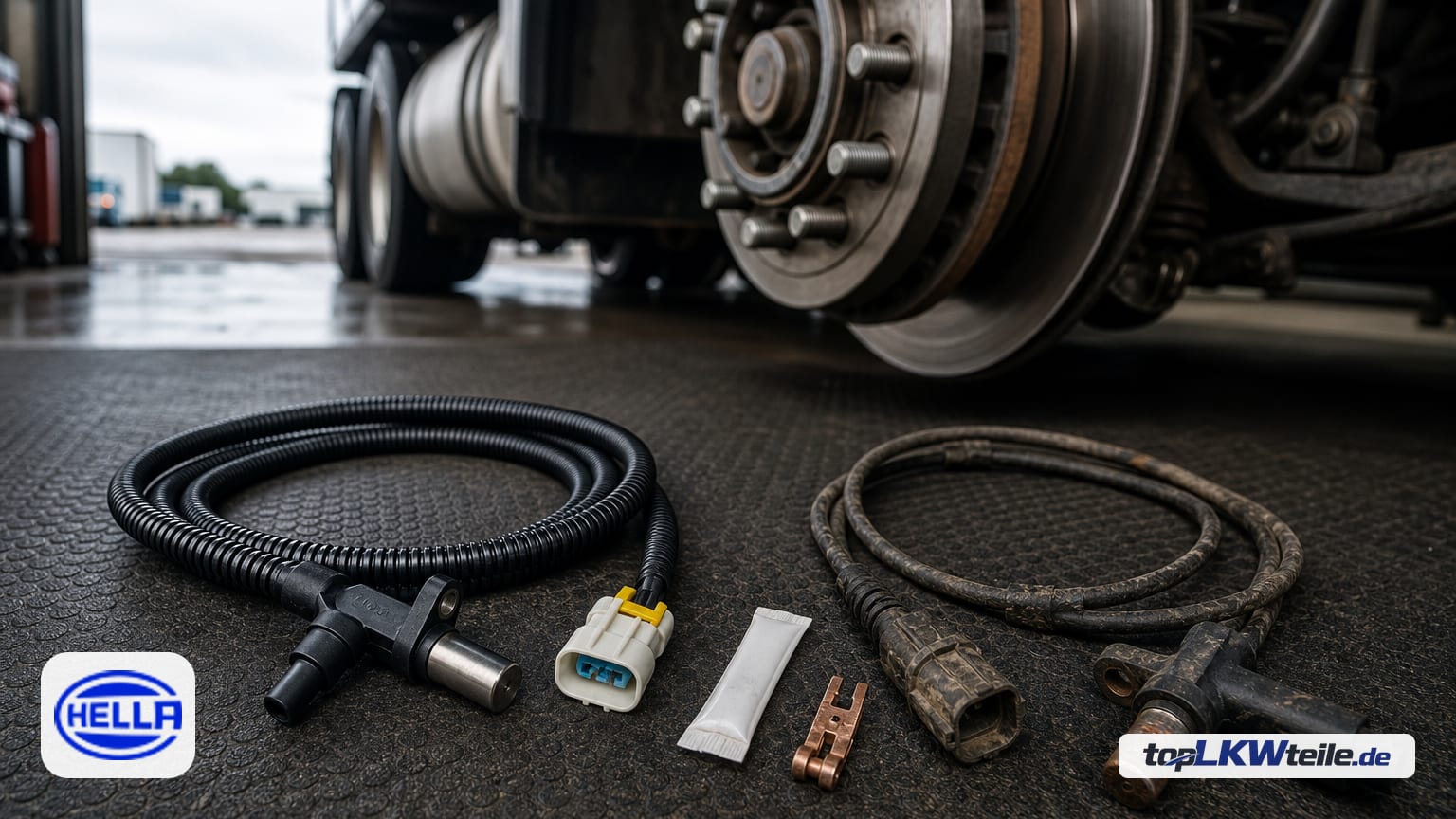 Neuer HELLA Sensor, Raddrehzahl mit schwarzem, gewendeltem Kabel, zylindrischem Sensorkopf und weißem 2-Pin-Stecker auf Werkstattmatte, daneben ein verschlissenes Altteil.