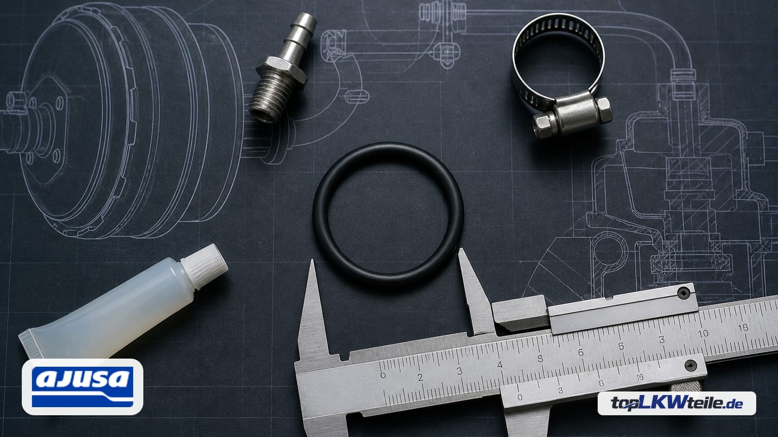 AJUSA Dichtung für den Unterdruck-Anschlussstutzen am Bremskraftverstärker (schwarzer O-Ring) auf dunkelblauem Konstruktionsplan in technischer Flat-Lay-Ansicht
