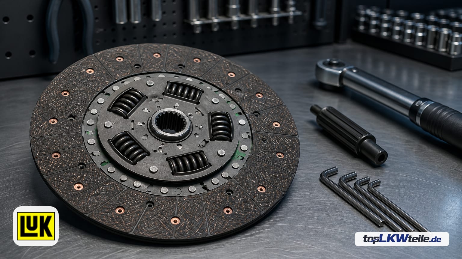 Schaeffler LuK Kupplungsscheibe auf einer gebürsteten Stahlwerkbank, mit sichtbaren schwarzen Dämpfungsfedern im grauen Mittenpaket und kupferfarbenen Nieten im Reibbelag.