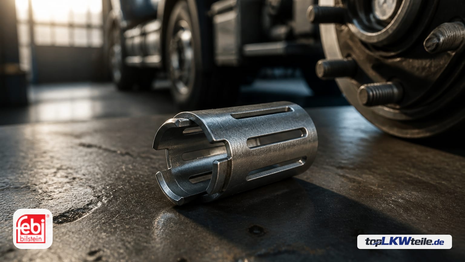 Makroaufnahme der FEBI BILSTEIN Klemmhülse, Raddrehzahlsensor: zylindrische, geschlitzte Metallhülse mit länglichen Rechtecköffnungen und gefalzten Rastlaschen in satiniertem Silber.