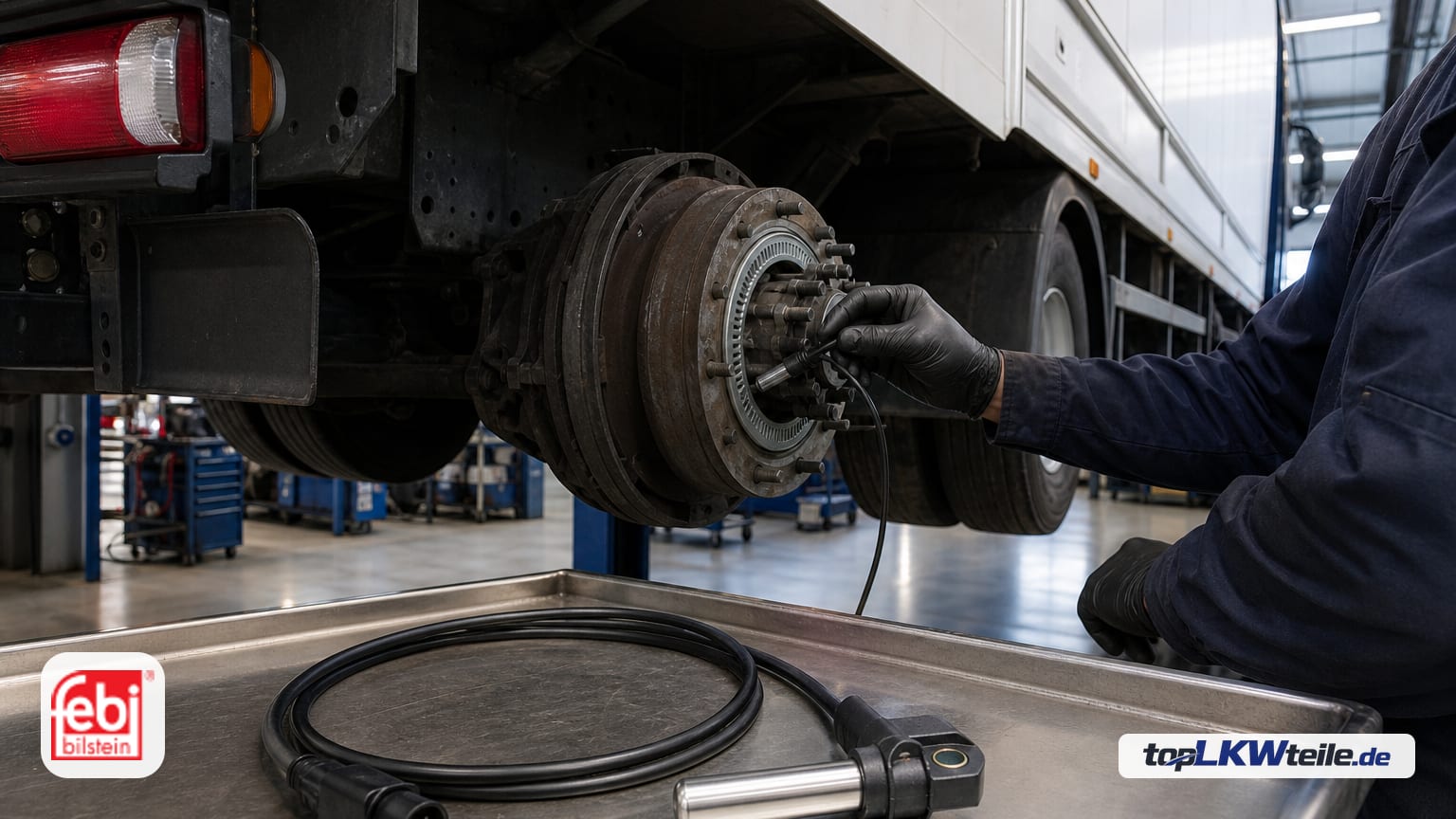 Moderne Werkstatt: Lkw auf Hebebühne, linke Hinterachse geöffnet. Auf dem Rollwagen liegt ein FEBI BILSTEIN Sensor, Raddrehzahl mit silbernem Zylinderfühler, schwarzem 90°-Kunststofffuß und rundem…