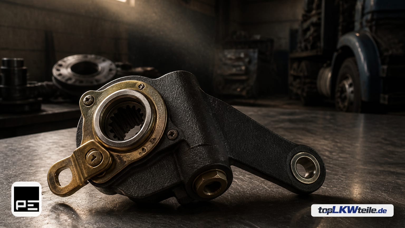 Makroaufnahme eines PE Automotive Gestängesteller, Bremsanlage mit grauem Gussgehäuse, goldfarbenem Ring um die verzahnte Nabe und Hebelarm mit Auge.