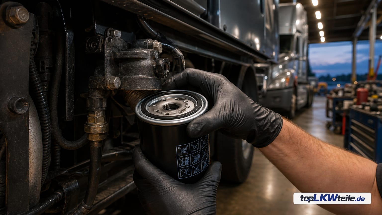 Gloved Mechanikerhände schrauben einen schwarzen, zylindrischen MANN-FILTER Kraftstofffilter auf den Filterkopf eines Lkw in einer Werkstatt; geringe Tiefenschärfe, fokussierte Szene.