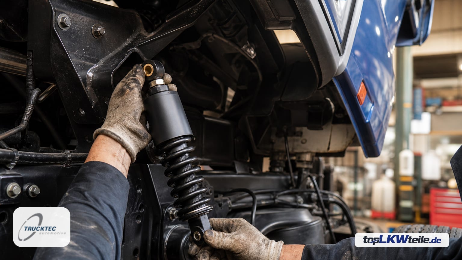 Mechaniker montiert TRUCKTEC AUTOMOTIVE Dämpfer, Fahrerhauslagerung unter gekipptem Lkw-Fahrerhaus, Nahaufnahme in der Werkstatt