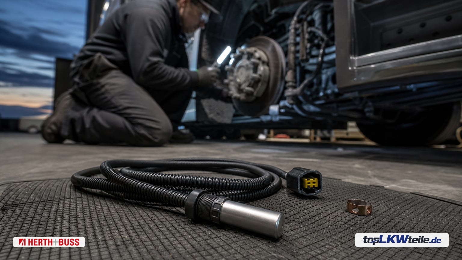 Mechaniker prüft bei Dämmerung mit Arbeitslampe den ABS-Bereich am linken Vorderrad eines Lkw; im Vordergrund liegt der neue HERTH+BUSS ELPARTS Sensor, Raddrehzahl mit geripptem schwarzem…