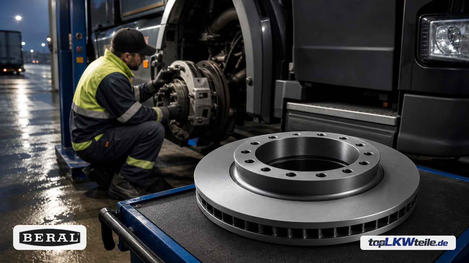 Abendliche Werkstatt: Mechaniker prüft die Lkw-Vorderachse unter einer Arbeitslampe; im Vordergrund liegt eine neue, ventilierte BERAL Bremsscheibe mit tiefem Glockentopf und Lochkranz.