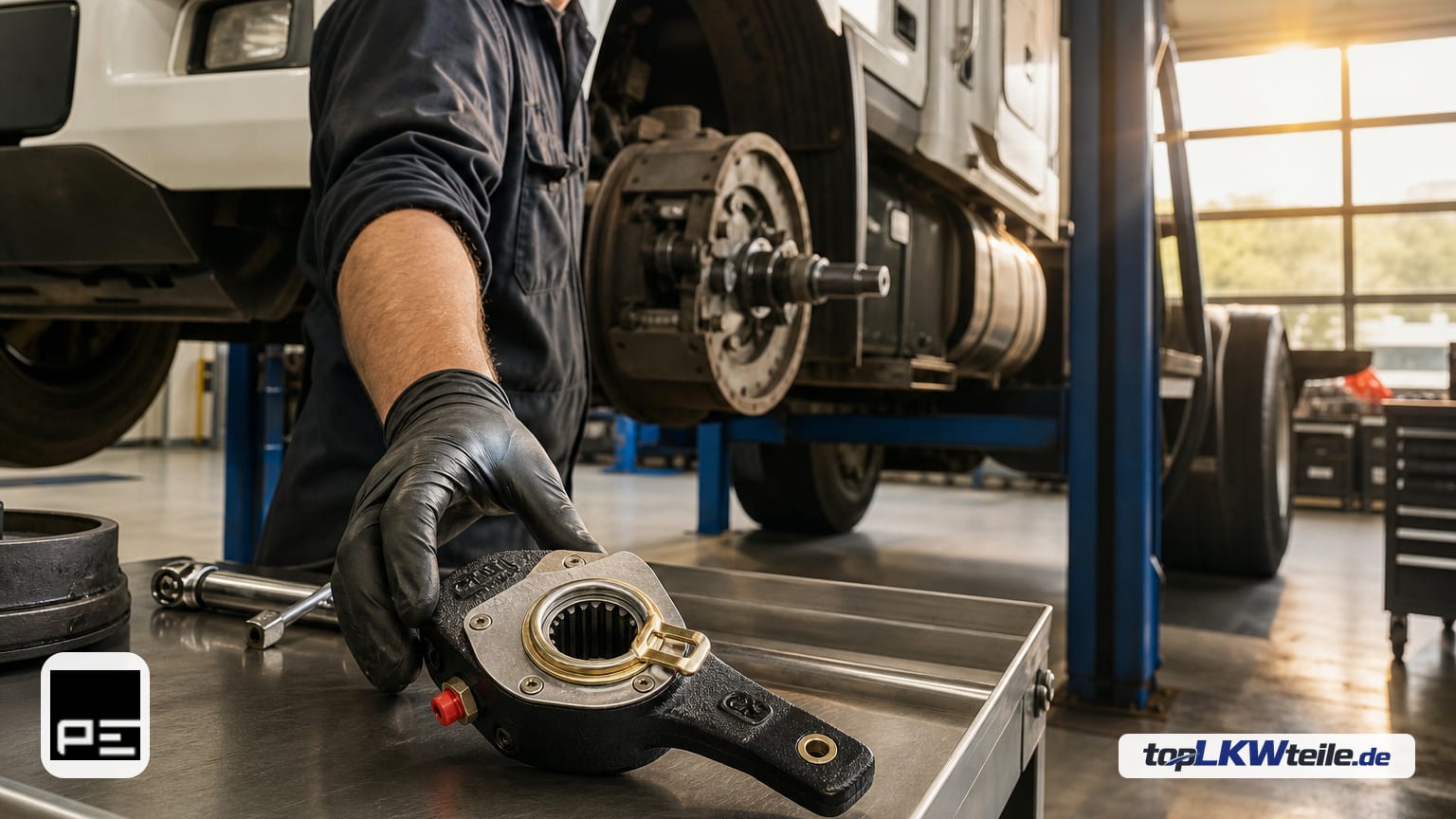 Moderner Lkw in der Werkstatt auf der Bühne; im Vordergrund liegt ein neuer PE Automotive Gestängesteller, Bremsanlage mit schwarzem Hebel, verzahnter Bohrung, goldfarbenem Ring und rotem…