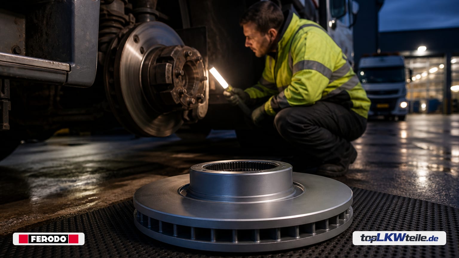 Mechaniker untersucht mit Arbeitslampe die Lkw-Bremsanlage; im Vordergrund liegt eine neue FERODO Bremsscheibe mit ventiliertem Ring, satinierten Reibflächen und zentraler Verzahnung.