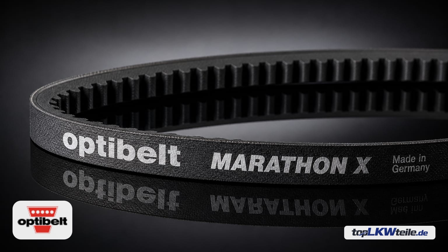 OPTIBELT Keilriemen mit schwarzer Gewebeoberseite und weißem Aufdruck, innen fein gezahnt, auf dunkler spiegelnder Fläche im Studio-Licht.
