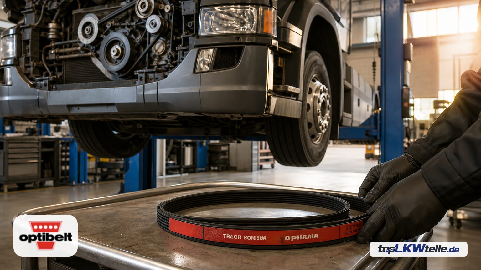 Moderner Lkw-Werkstattblick bei warmem Abendlicht: Zugmaschine auf der Bühne, Riementrieb geöffnet. Im Vordergrund liegt ein aufgewickelter schwarzer OPTIBELT Keilrippenriemen mit rotem…